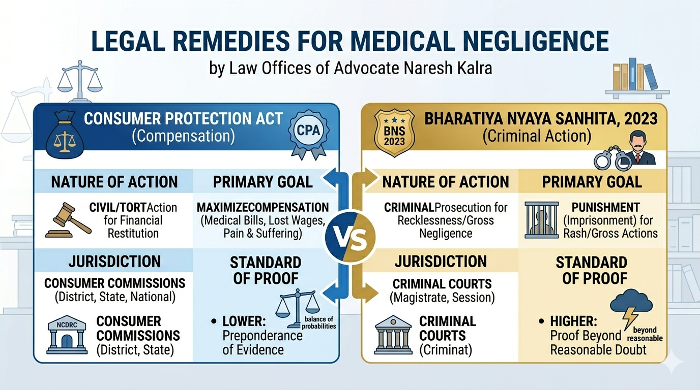 Legal remedies under Consumer Protection Act and BNS 2023 for medical negligence case lawyer India
