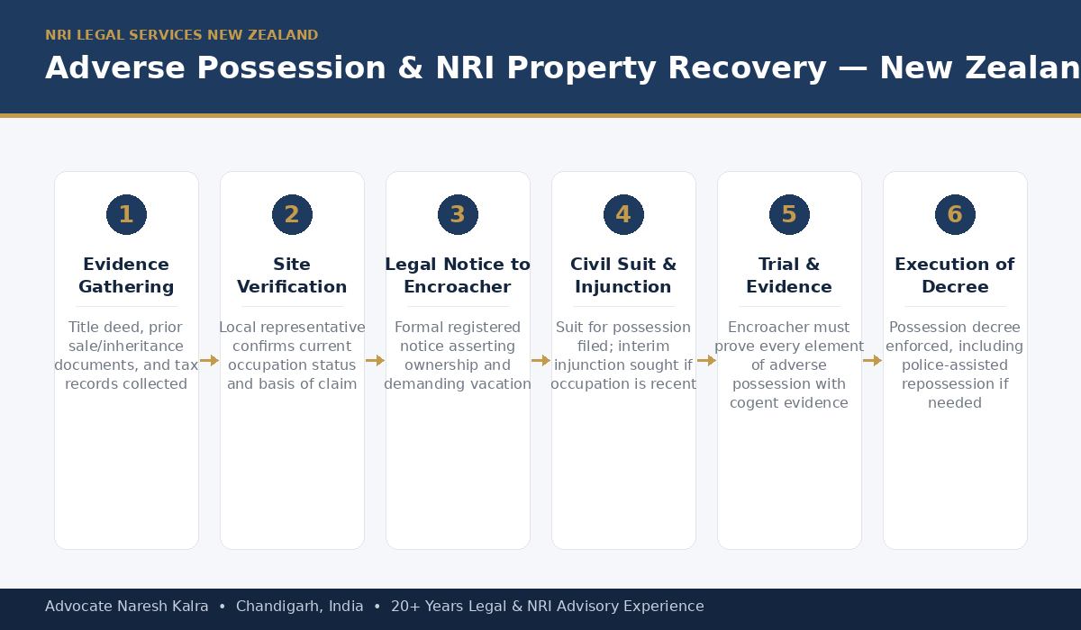 Step-by-step adverse possession and NRI property recovery process for New Zealand-based owners — evidence gathering, site verification, legal notice, civil suit and injunction, trial, and execution of the possession decree