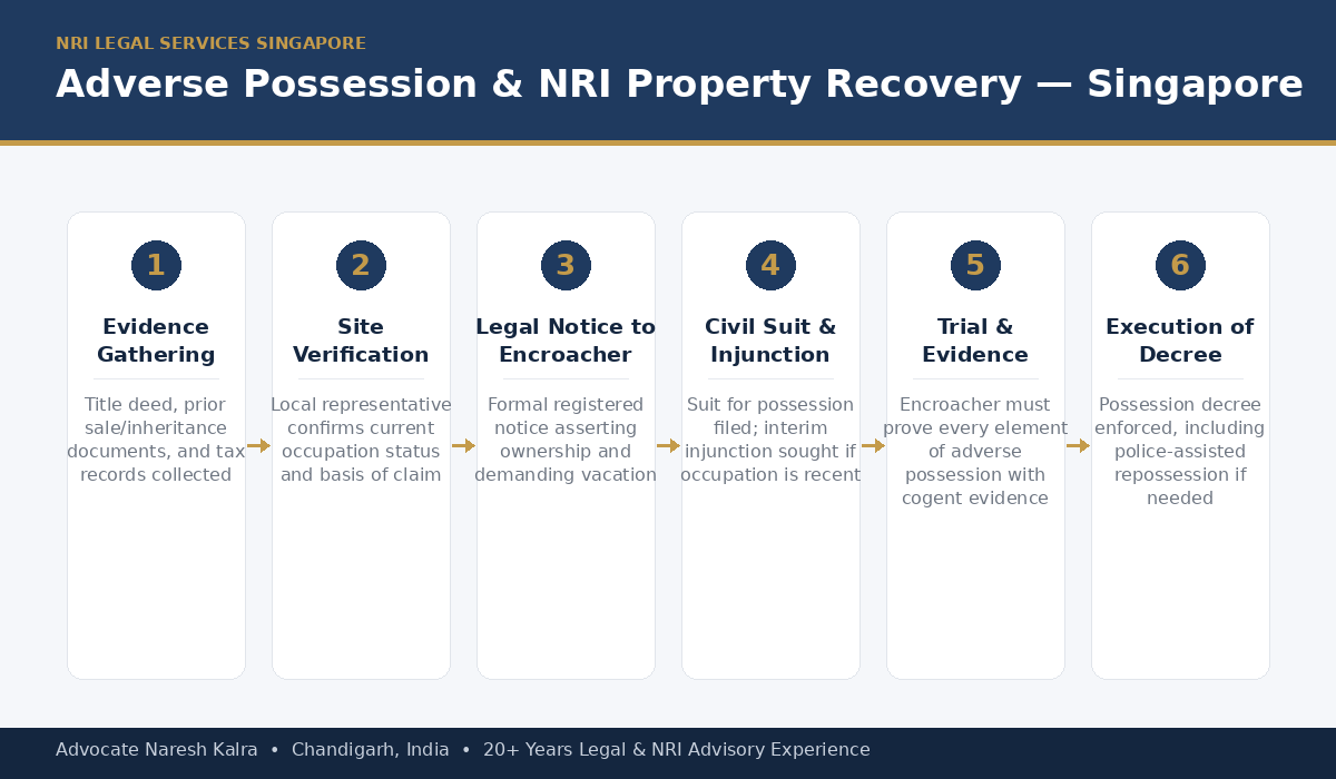 Step-by-step adverse possession and NRI property recovery process for Singapore-based owners — evidence gathering, site verification, legal notice, civil suit and injunction, trial, and execution of the possession decree
