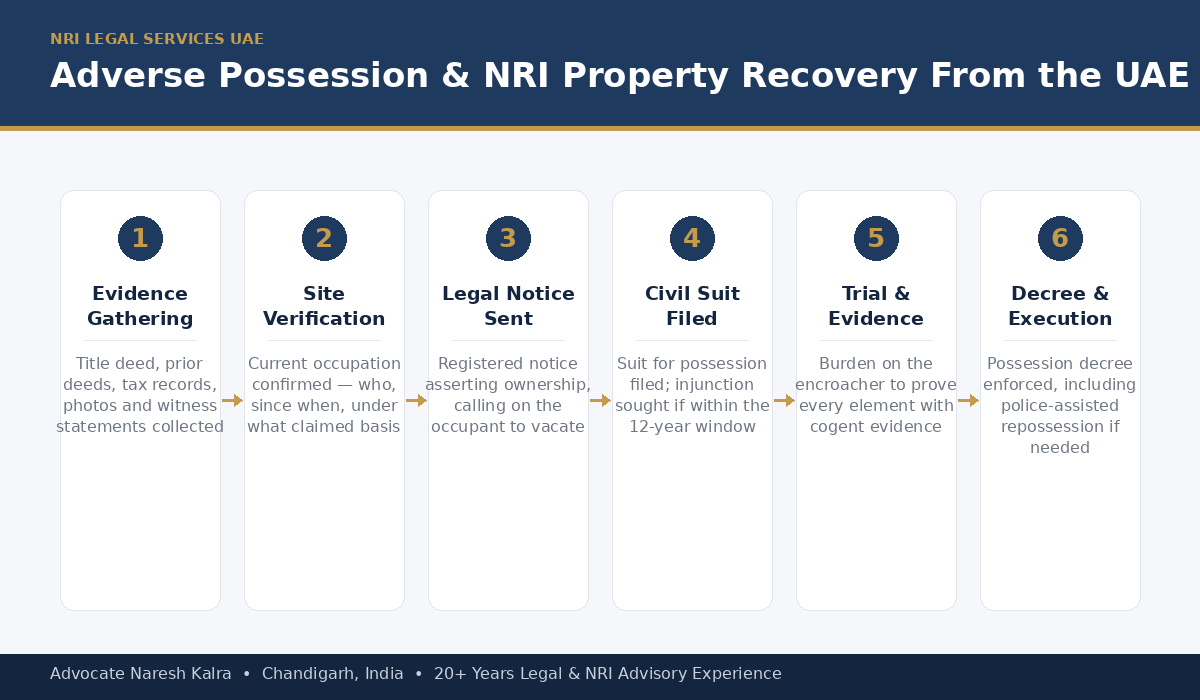 Adverse Possession NRI Property Recovery Process for UAE-Based NRIs — evidence gathering, site verification, legal notice, civil suit and injunction, trial, and execution of possession decree, coordinated from Dubai and Abu Dhabi