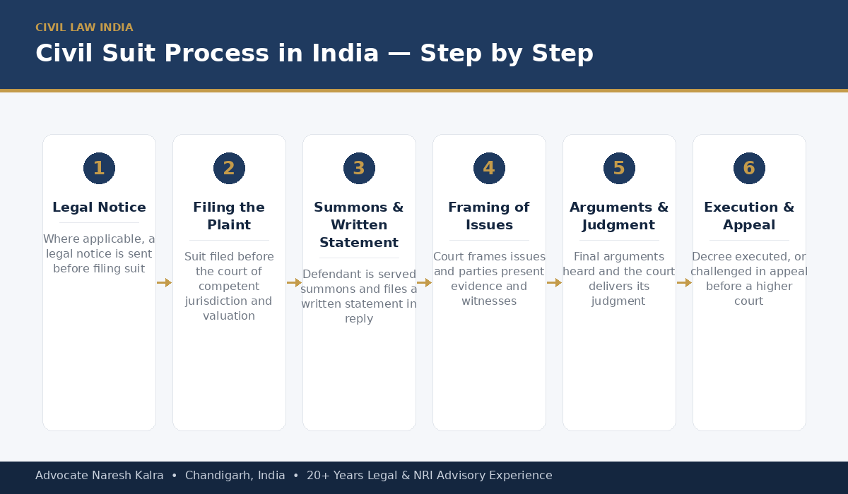 Civil suit process in India — legal notice, filing the plaint, summons and written statement, framing of issues, arguments and judgment, execution and appeal