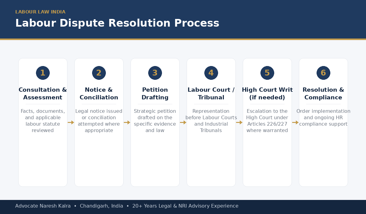 Labour dispute resolution process — consultation and assessment, notice and conciliation, petition drafting, labour court or tribunal, high court writ if needed, resolution and compliance