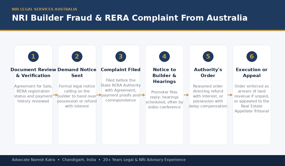 NRI builder fraud RERA complaint process for Australia-based buyers — document review, demand notice, Power of Attorney execution, RERA filing, hearings and order stages