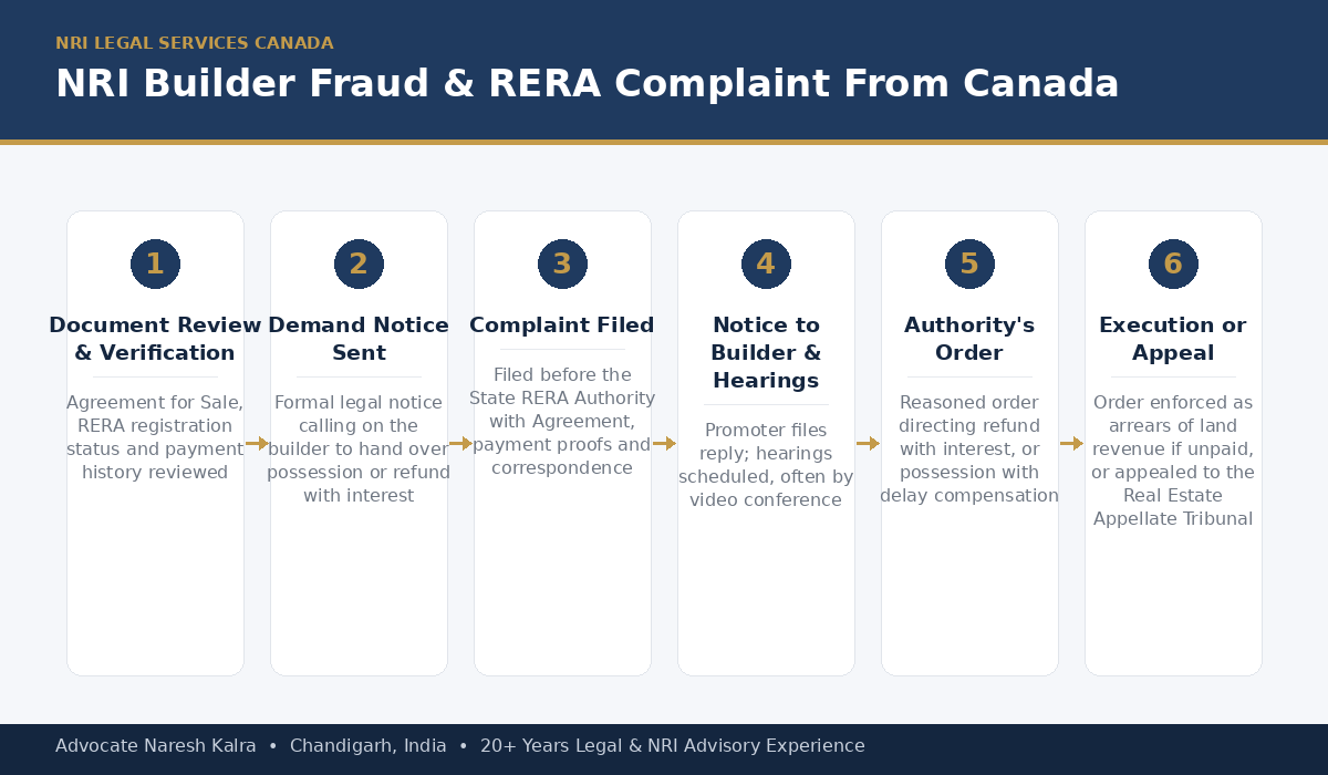 RERA complaint process for Canada-based NRIs — document review, Power of Attorney execution, demand notice, filing, video-conference hearings, order, execution and appeal, Advocate Naresh Kalra