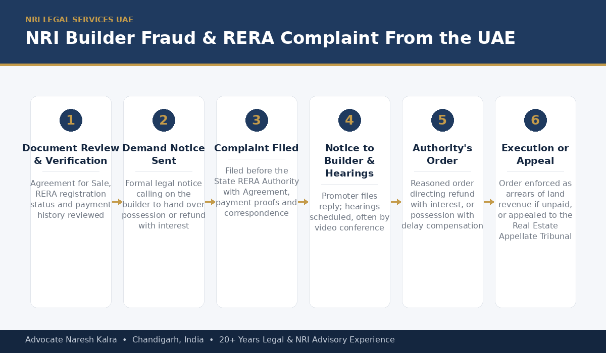 NRI Builder Fraud RERA Complaint process for UAE-based NRIs — document review, Power of Attorney execution at the Indian Embassy Abu Dhabi or Indian Consulate Dubai, RERA filing, video-conference hearings, order and execution — Advocate Naresh Kalra