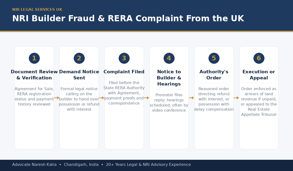 RERA complaint process for UK-based NRIs — document review, POA execution via FCDO apostille, demand notice, complaint filing, video-conference hearings, order, execution and appeal