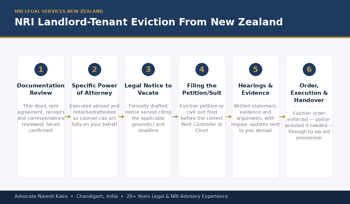 NRI landlord tenant eviction process for a New Zealand-based owner — Power of Attorney, notice, filing, hearings, and execution steps, Advocate Naresh Kalra Chandigarh