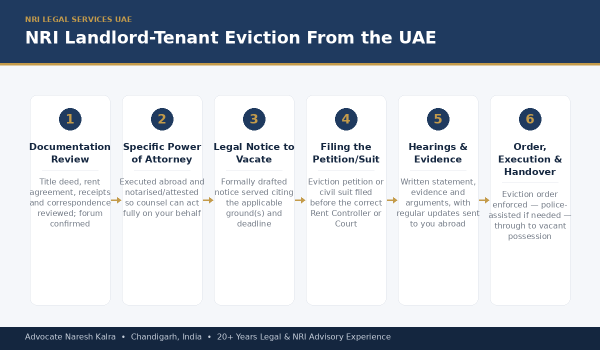 NRI landlord-tenant eviction process for a UAE-based landlord — documentation review, Specific Power of Attorney executed at the Indian Embassy Abu Dhabi or Indian Consulate Dubai, Section 106 TPA notice to vacate, filing before the Rent Controller or Civil Court, hearings, eviction order, and execution with police assistance