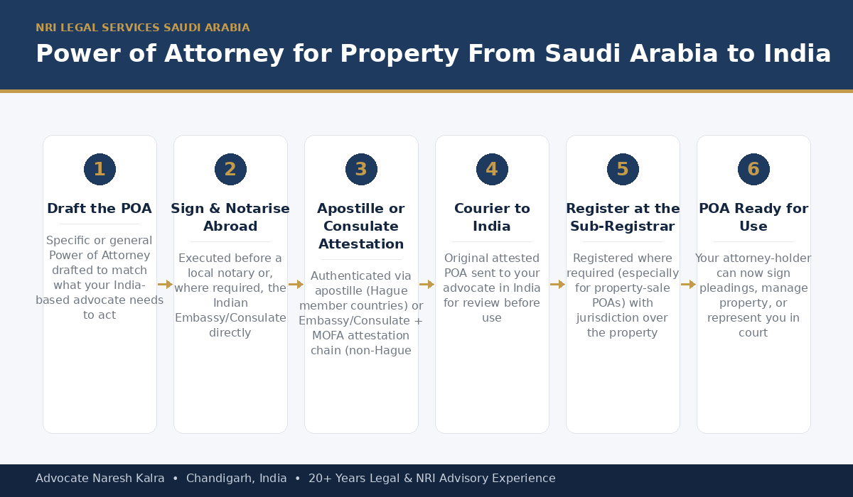 Power of Attorney for property from Saudi Arabia to India — notarisation, Saudi Ministry of Foreign Affairs apostille, and registration steps