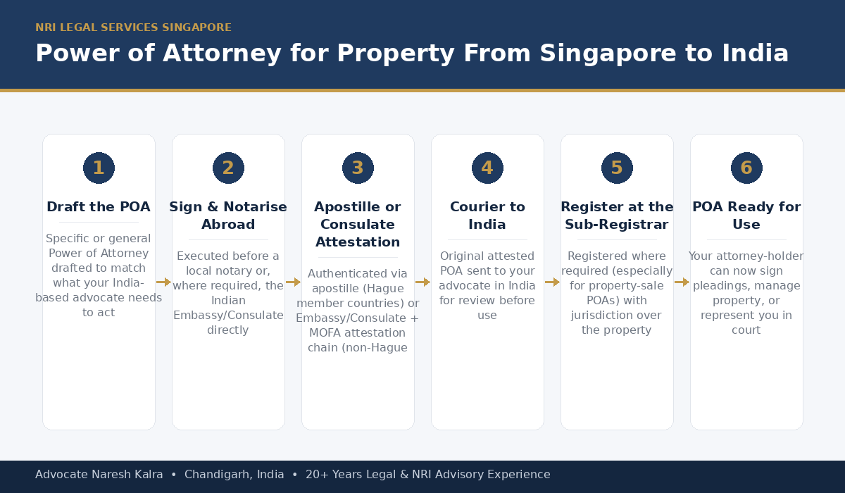 Power of Attorney for property in India from Singapore — Notary Public signature, Singapore Academy of Law apostille, dispatch to India, adjudication and registration at the Sub-Registrar
