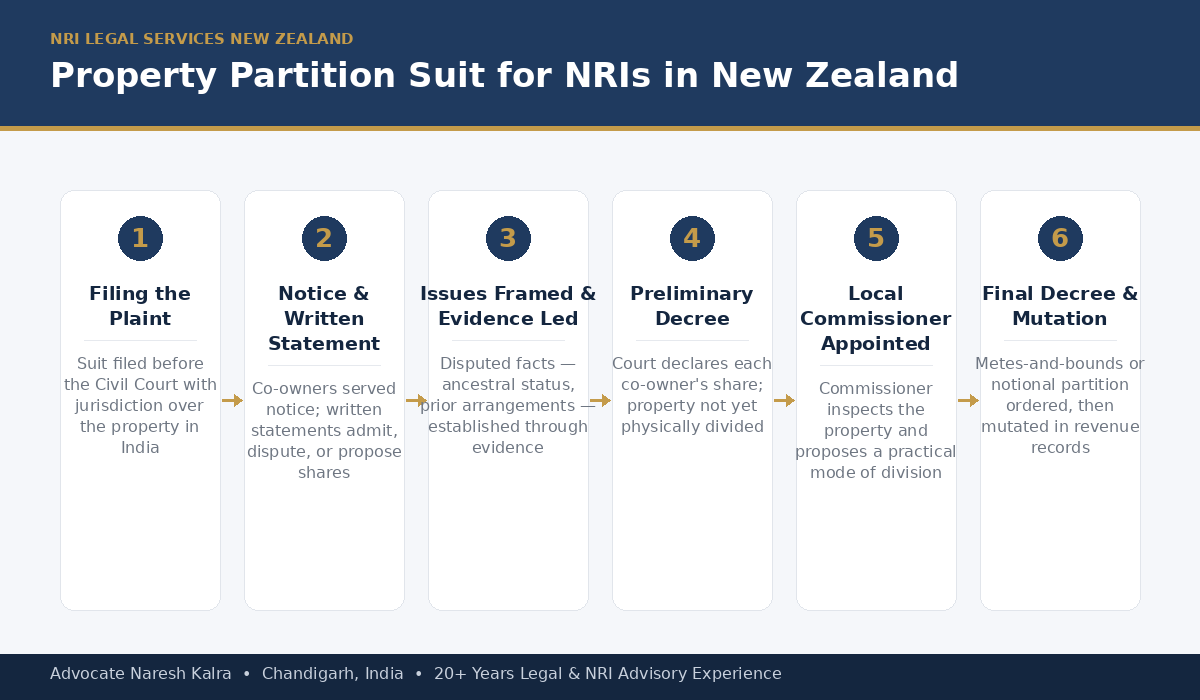 Property partition suit process for NRIs in New Zealand — filing the plaint, notice and written statement, evidence, preliminary decree, Local Commissioner appointment, Commissioner's report, and final decree, all pursued via Power of Attorney
