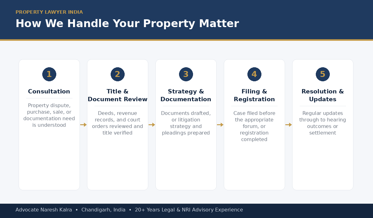 How we handle your property matter — consultation, title and document review, strategy and documentation, filing and registration, resolution and updates