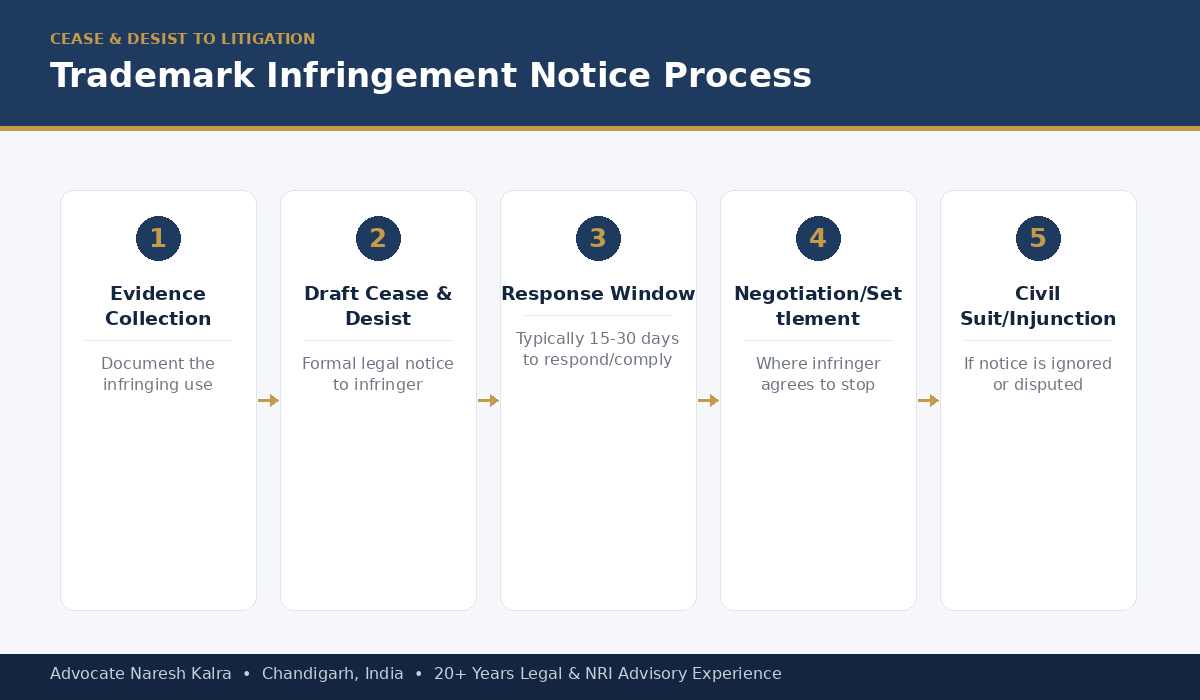 Trademark infringement notice process — evidence collection, cease and desist, response window, settlement and civil suit